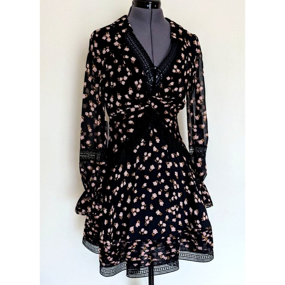 Self Portrait Twist Front Ditsy Mini Dress Floral Black Long Sleeve Size 8 BNWT - Picture 2 of 10